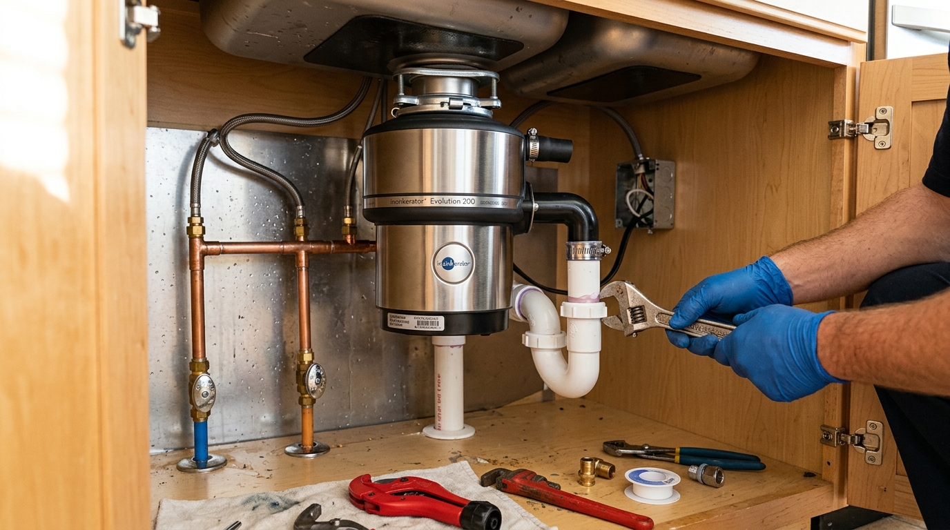 newly installed stainless garbage disposal with clean plumbing connections beneath a West Valley kitchen sink