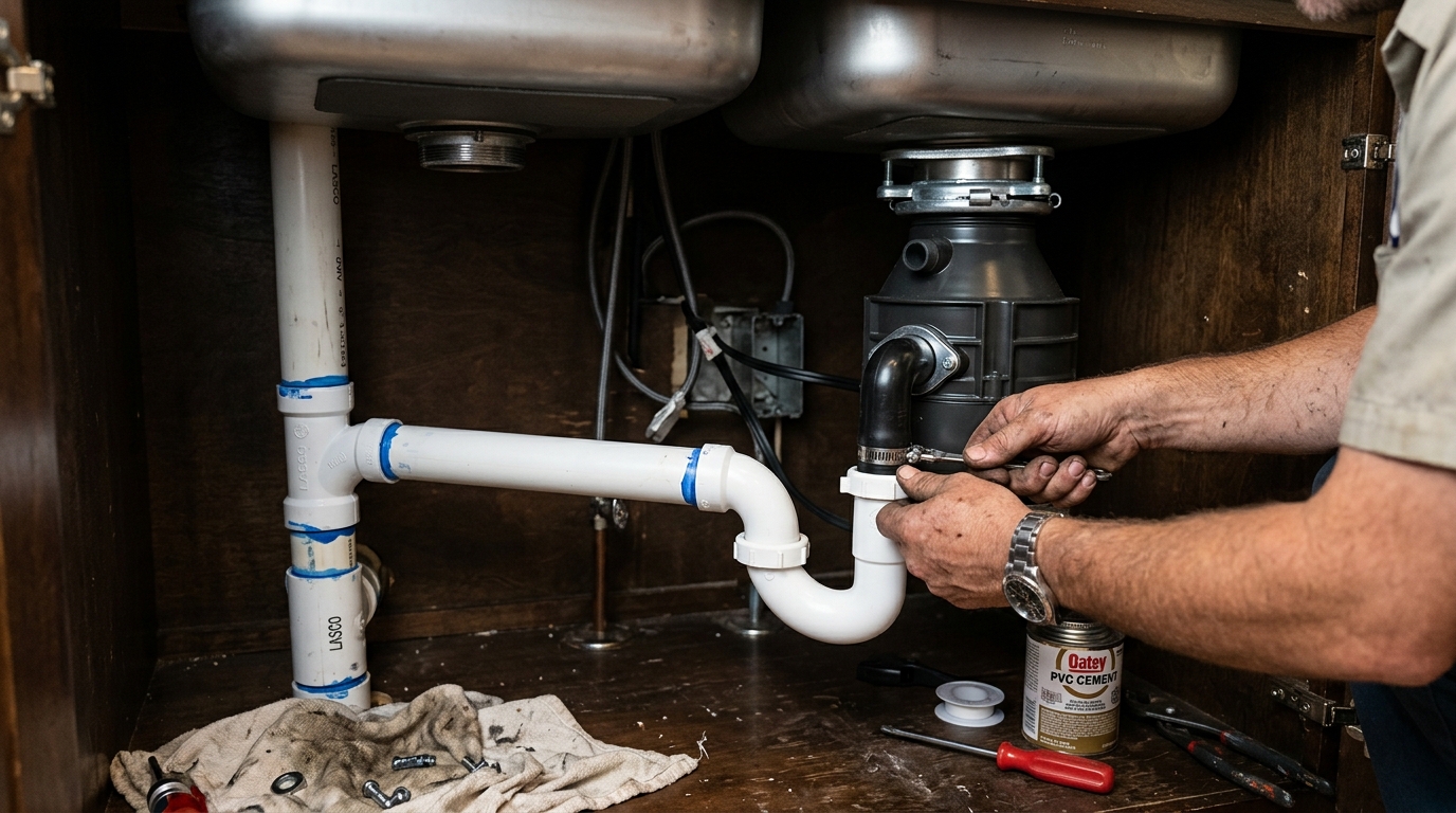 under-sink garbage disposal unit with mounting flange and discharge tube inspected during a Peoria, AZ repair